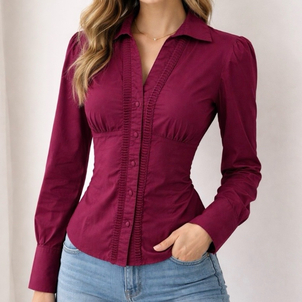 Simplement Moi -  Berry Pleated Button Blouse | Small | Smocked Waist
